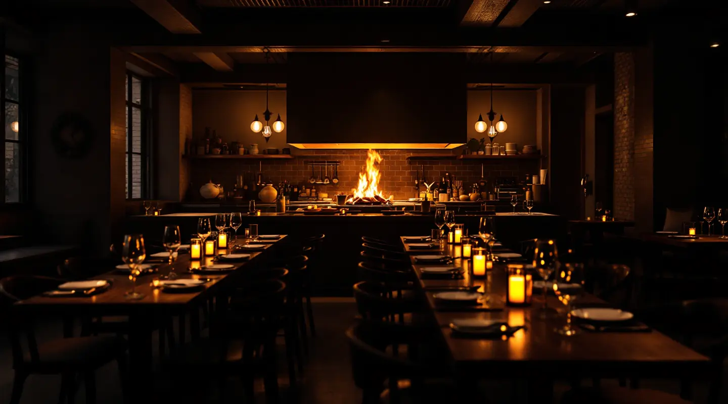 Warm, dimly lit restaurant dining room with candlelit tables and a glowing wood-fired kitchen at the back