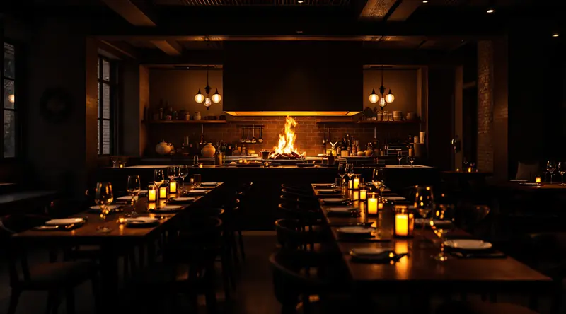 Warm, candlelit restaurant dining room with a glowing wood-fired kitchen at the back