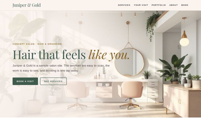 Juniper & Gold Salon website concept showing a bright salon interior