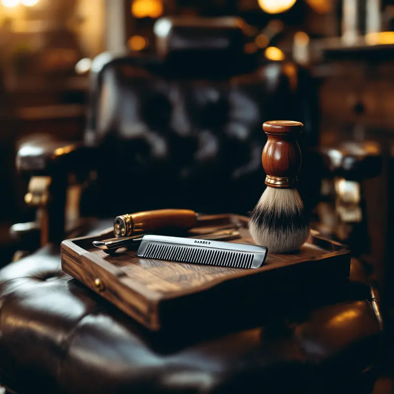 Vintage barber chair with razor and comb on a wooden tray