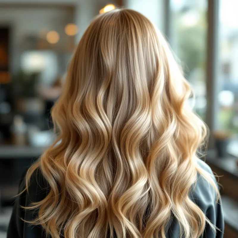 Long wavy honey-blonde hair seen from behind