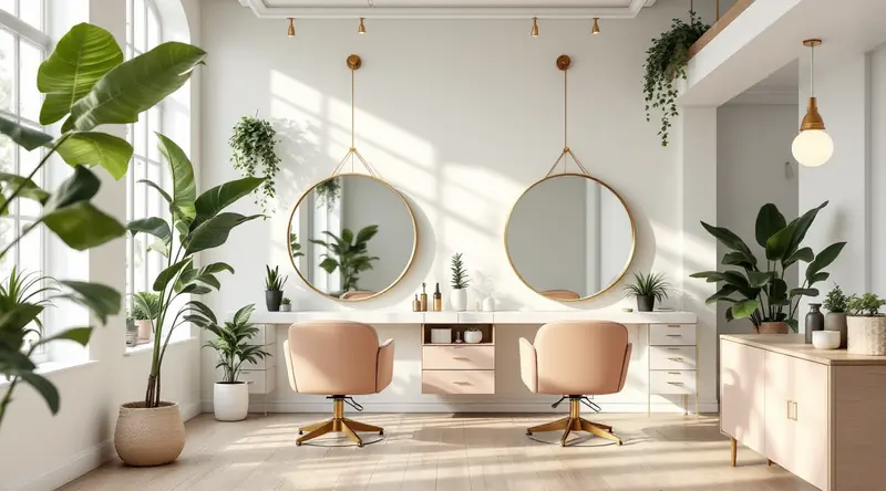 Bright, airy hair salon with two styling chairs in front of round mirrors and plants