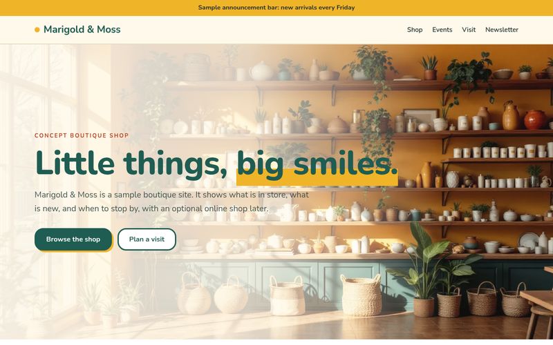 Marigold & Moss Boutique website concept with a sunlit gift shop interior
